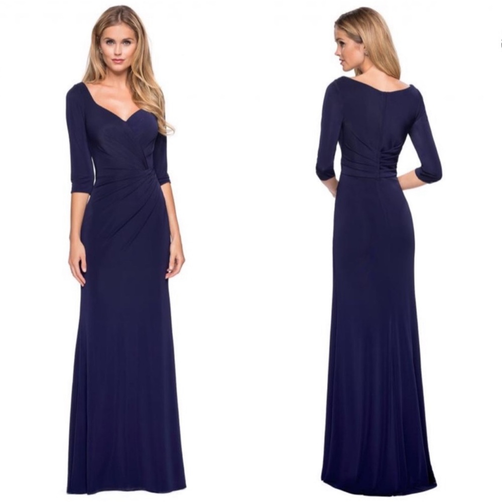 La Femme Sweetheart Neckline Long Jersey Dress 26955 in Navy Blue in Size 6 NWT